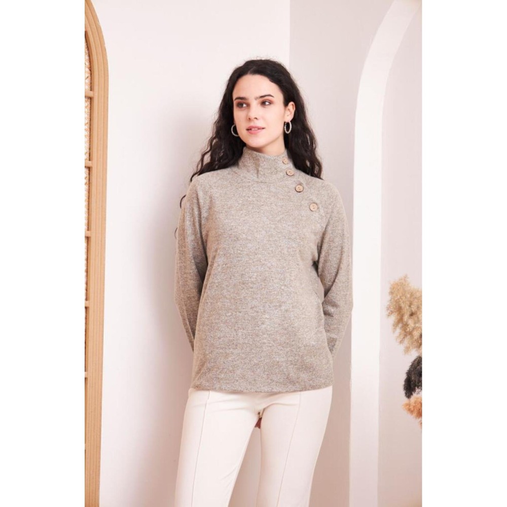Pasaklı Giyim Pasaklı Giyim Kadın Balıkçı Yaka Düğmeli Yumoş Yün Kazak Pudra - Premium Kadın Giyim