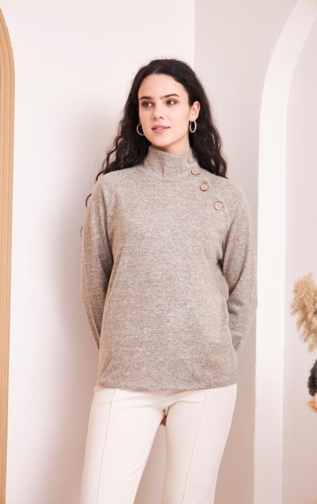 Pasaklı Giyim Kadın Balıkçı Yaka Düğmeli Yumoş Yün Kazak 3012242 Pudra