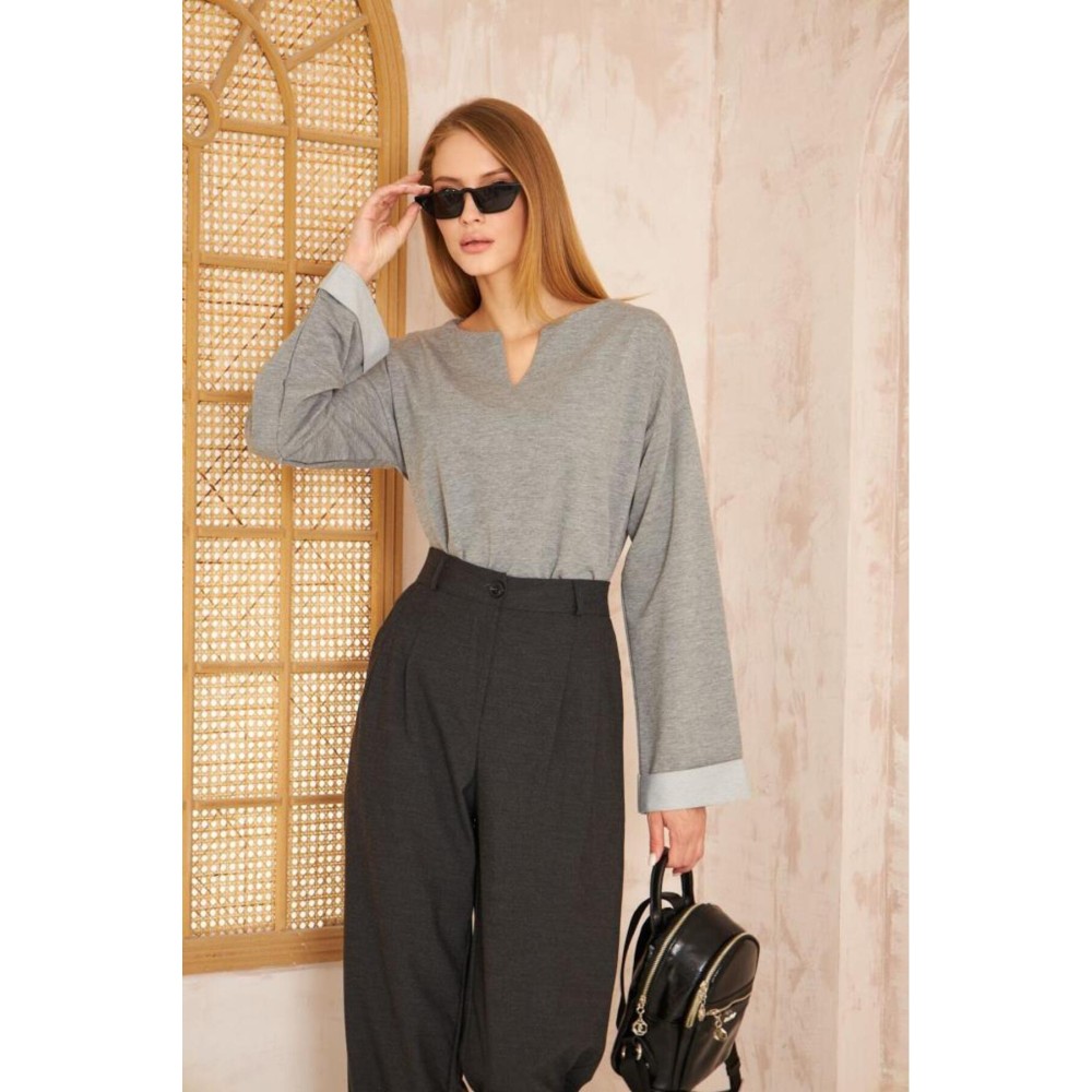 Pasaklı Giyim Pasaklı Giyim Kadın Duble Kol / Yakası Yırtmaçlı Salaş Sweatshirt Gri - Premium Kadın Giyim