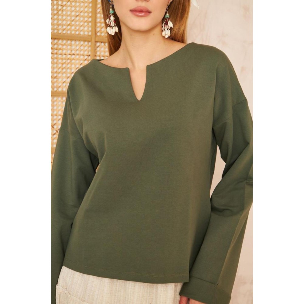 Pasaklı Giyim Pasaklı Giyim Kadın Duble Kol / Yakası Yırtmaçlı Salaş Sweatshirt Haki - Premium Kadın Giyim