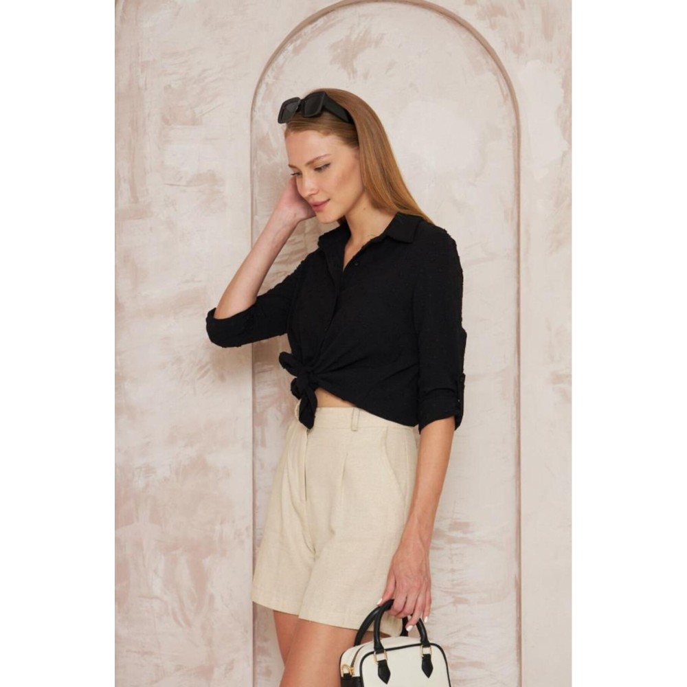 Pasaklı Giyim Pasaklı Giyim Ponponlu Slim Fit Uzun Kollu Gömlek Siyah - Premium Kadın Giyim