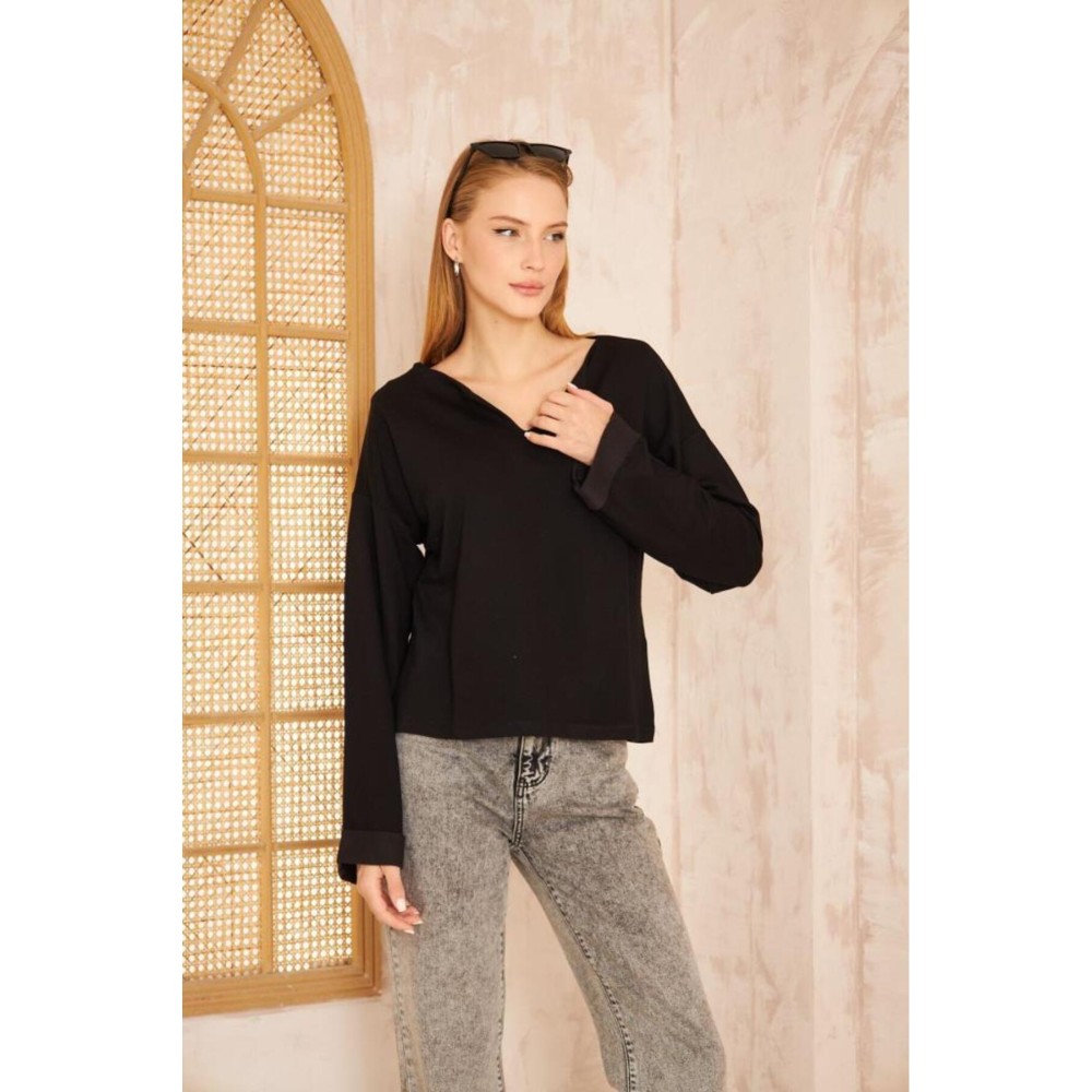 Pasaklı Giyim Pasaklı Giyim Kadın Duble Kol / Yakası Yırtmaçlı Salaş Sweatshirt Siyah - Premium Kadın Giyim