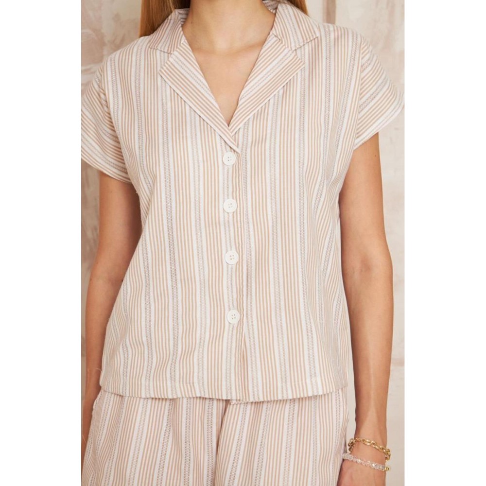 Pasaklı Giyim Pasaklı Giyim Kadın Gömlek-Şort Alt Üst Takım Bej - Premium Kadın Giyim