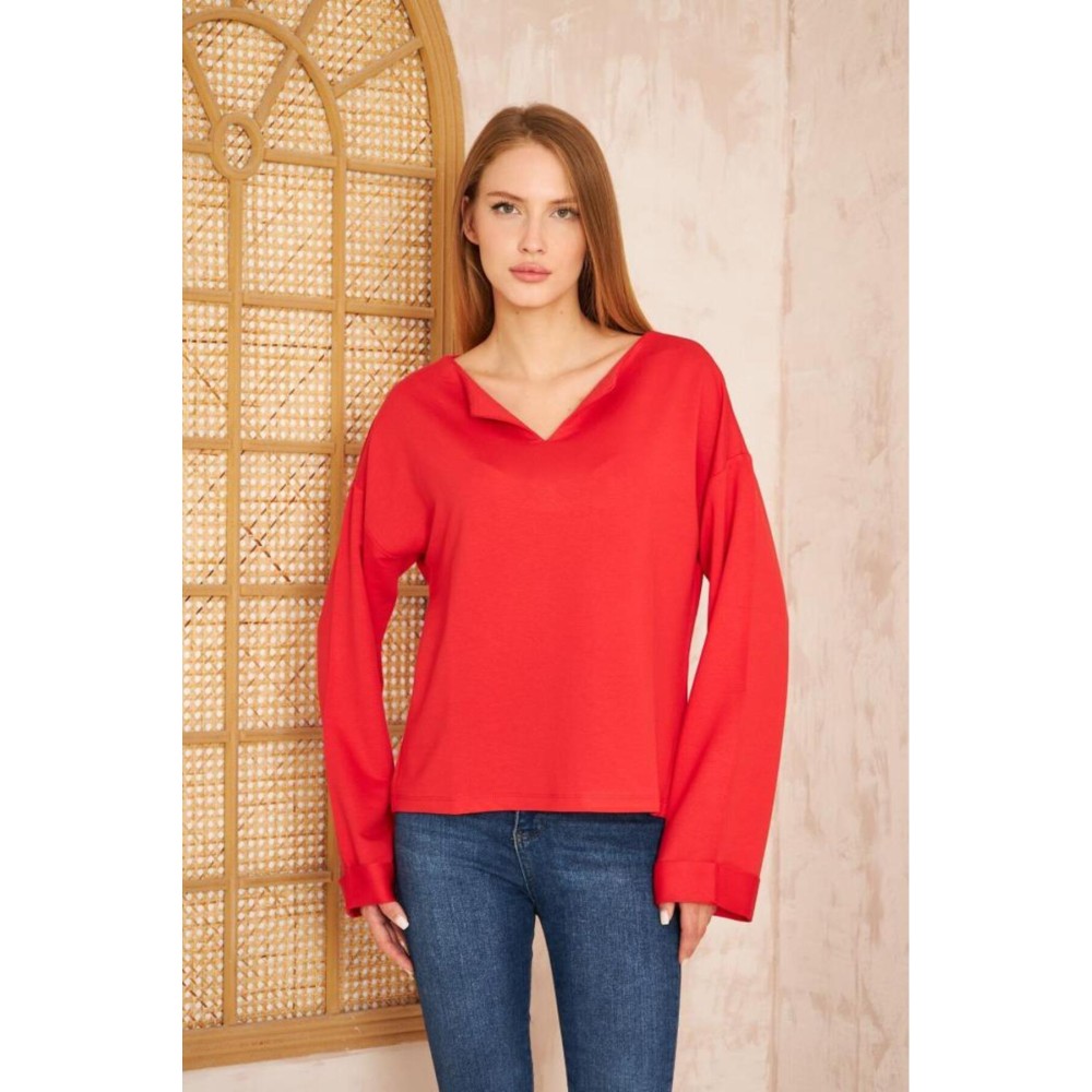 Pasaklı Giyim Pasaklı Giyim Kadın Duble Kol / Yakası Yırtmaçlı Salaş Sweatshirt Kırmızı - Premium Kadın Giyim