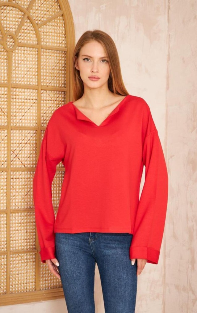 Pasaklı Giyim Kadın Duble Kol / Yakası Yırtmaçlı Salaş Sweatshirt 3470190 Kırmızı