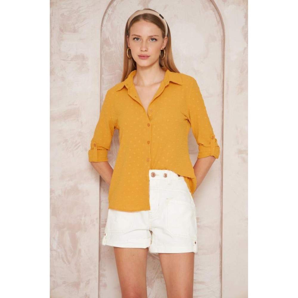 Pasaklı Giyim Pasaklı Giyim Ponponlu Slim Fit Uzun Kollu Gömlek Hardal - Premium Kadın Giyim