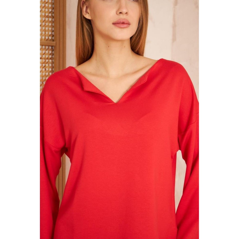 Pasaklı Giyim Pasaklı Giyim Kadın Duble Kol / Yakası Yırtmaçlı Salaş Sweatshirt Kırmızı - Premium Kadın Giyim