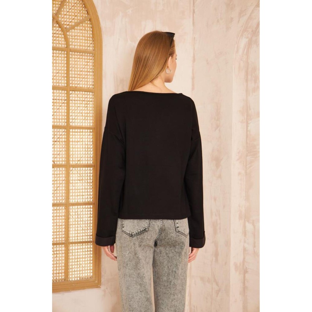 Pasaklı Giyim Pasaklı Giyim Kadın Duble Kol / Yakası Yırtmaçlı Salaş Sweatshirt Siyah - Premium Kadın Giyim