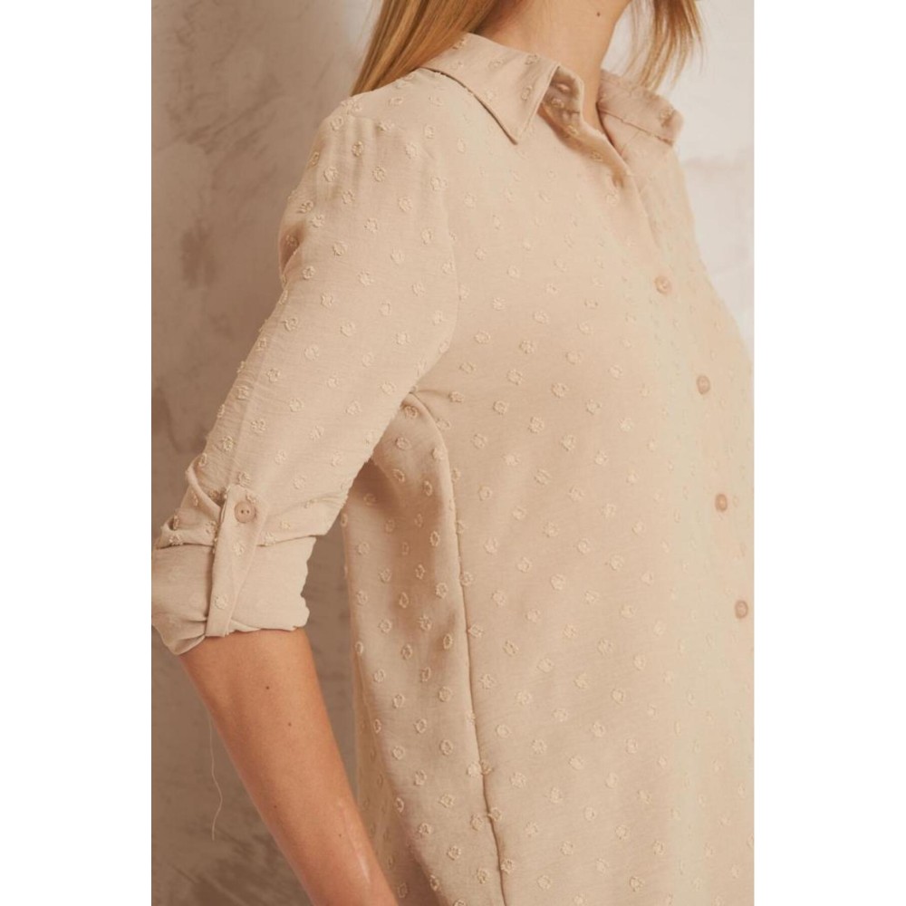 Pasaklı Giyim Pasaklı Giyim Ponponlu Slim Fit Uzun Kollu Gömlek Taş - Premium Kadın Giyim