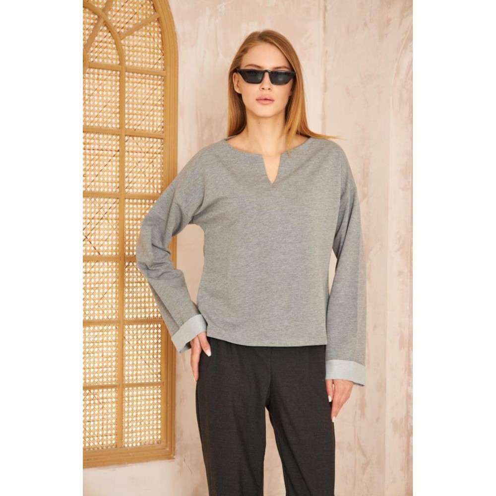 Pasaklı Giyim Pasaklı Giyim Kadın Duble Kol / Yakası Yırtmaçlı Salaş Sweatshirt Gri - Premium Kadın Giyim