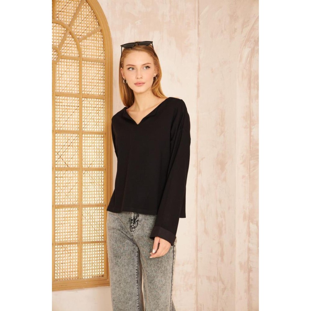 Pasaklı Giyim Pasaklı Giyim Kadın Duble Kol / Yakası Yırtmaçlı Salaş Sweatshirt Siyah - Premium Kadın Giyim