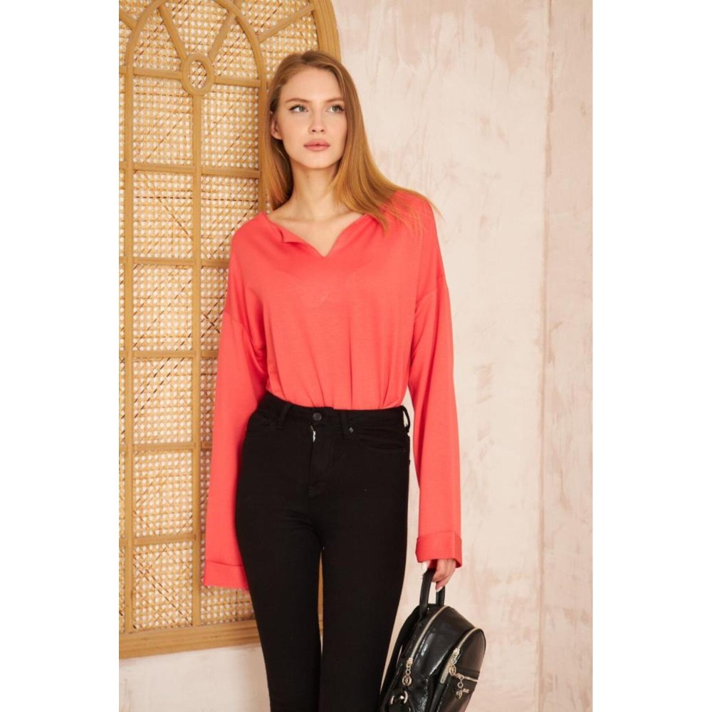 Pasaklı Giyim Pasaklı Giyim Kadın Duble Kol / Yakası Yırtmaçlı Salaş Sweatshirt Mercan - Premium Kadın Giyim