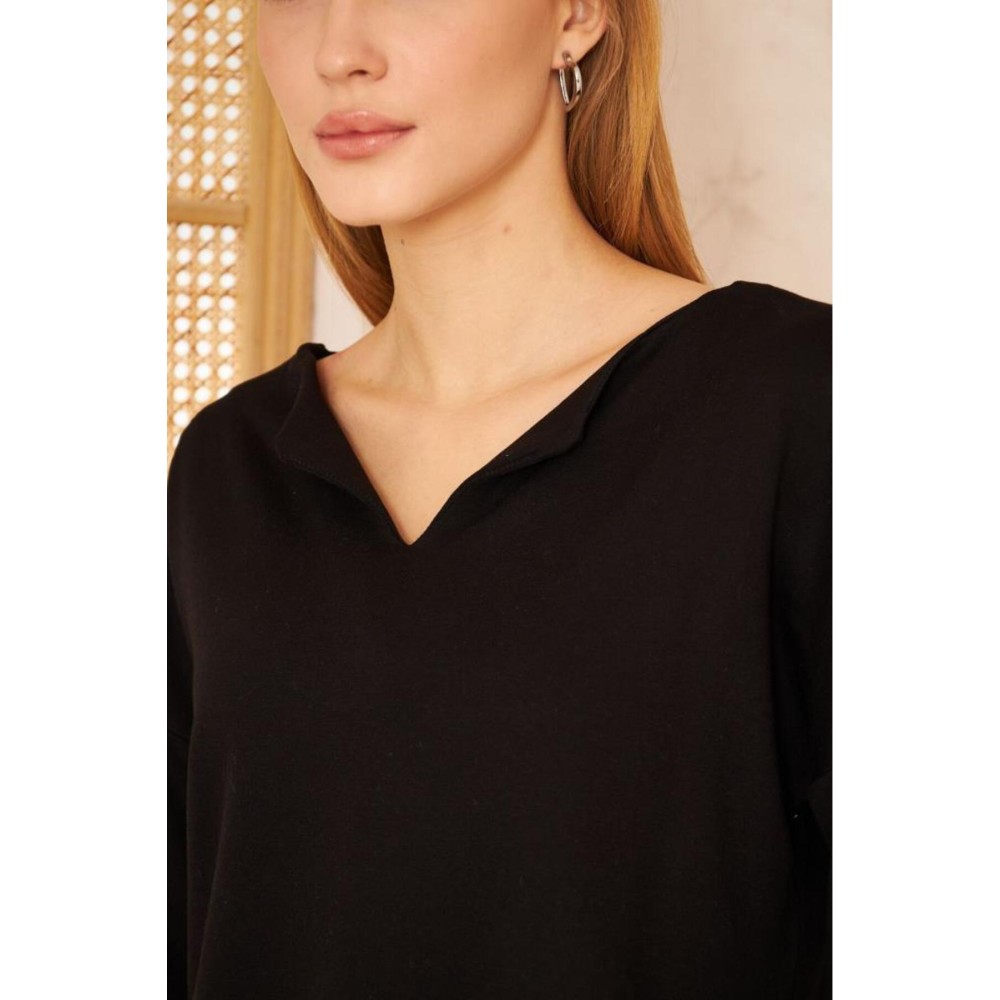 Pasaklı Giyim Pasaklı Giyim Kadın Duble Kol / Yakası Yırtmaçlı Salaş Sweatshirt Siyah - Premium Kadın Giyim