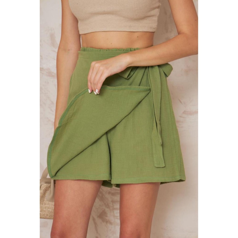 Pasaklı Giyim Pasaklı Giyim Kadın Müslin Pamuk Yandan Bağlamalı Şort Etek Haki - Premium Kadın Giyim