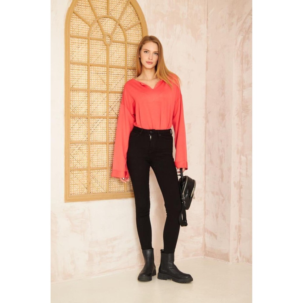 Pasaklı Giyim Pasaklı Giyim Kadın Duble Kol / Yakası Yırtmaçlı Salaş Sweatshirt Mercan - Premium Kadın Giyim