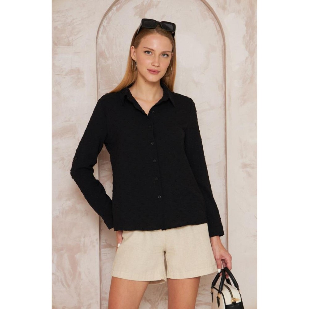 Pasaklı Giyim Pasaklı Giyim Ponponlu Slim Fit Uzun Kollu Gömlek Siyah - Premium Kadın Giyim