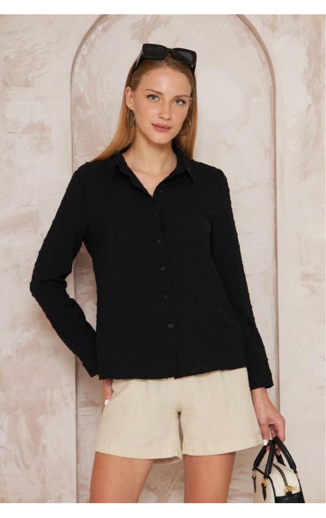 Pasaklı Giyim  Ponponlu Slim Fit Uzun Kollu Gömlek 3621240 Siyah