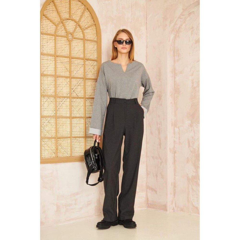 Pasaklı Giyim Pasaklı Giyim Kadın Duble Kol / Yakası Yırtmaçlı Salaş Sweatshirt Gri - Premium Kadın Giyim