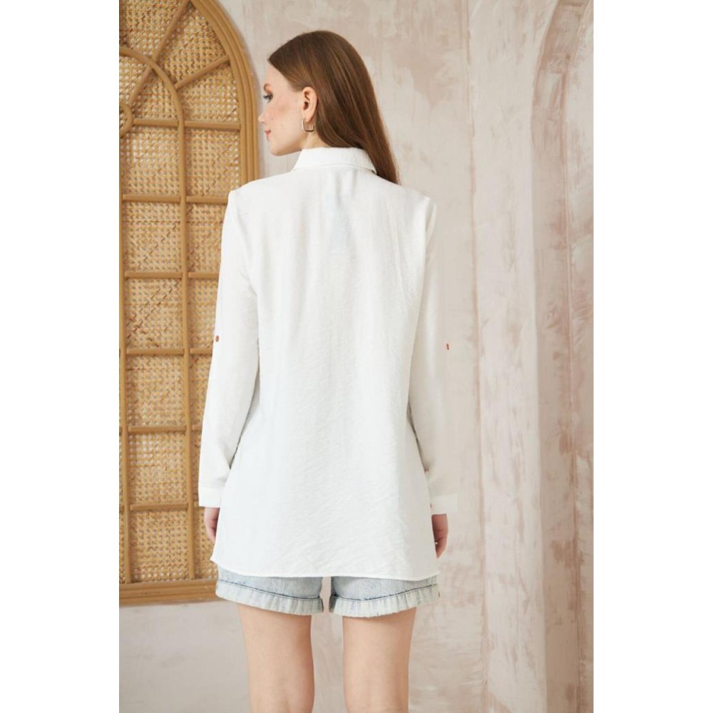 Pasaklı Giyim Pasaklı Giyim Kadın Premium Keten Harf Nakış Işlemeli Yanları Düğme Arkası Oval Gömlek - Premium Kadın Giyim