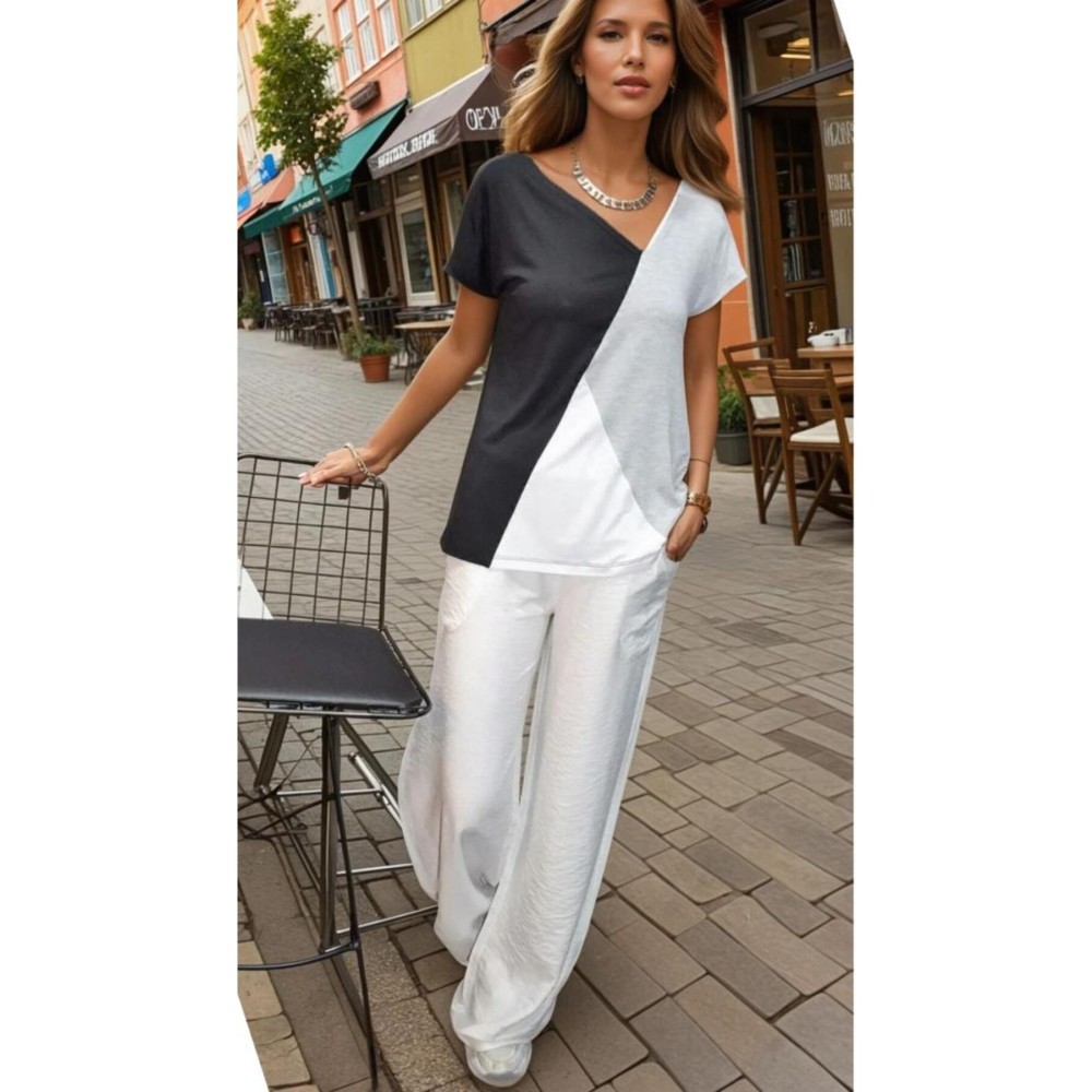 Pasaklı Giyim Pasaklı Giyim Kadın Renk Bloklu Kısa Kollu Salaş Penye T-shirt Siyah Beyaz - Premium Kadın Giyim