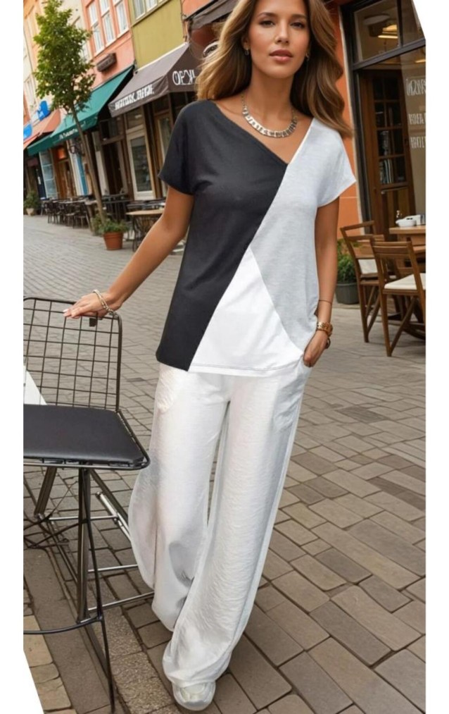 Pasaklı Giyim Kadın Renk Bloklu Kısa Kollu Salaş Penye T-shirt 3207200 Siyah Beyaz