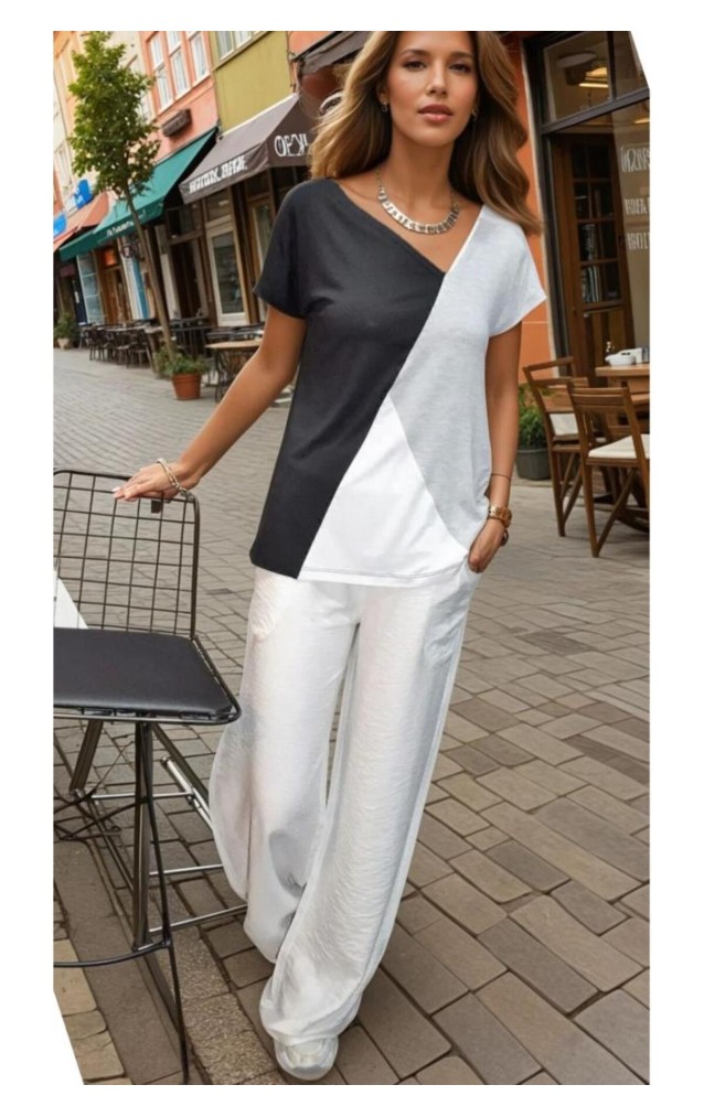 Pasaklı Giyim Kadın Renk Bloklu Kısa Kollu Salaş Penye T-shirt 3207200 Siyah Beyaz