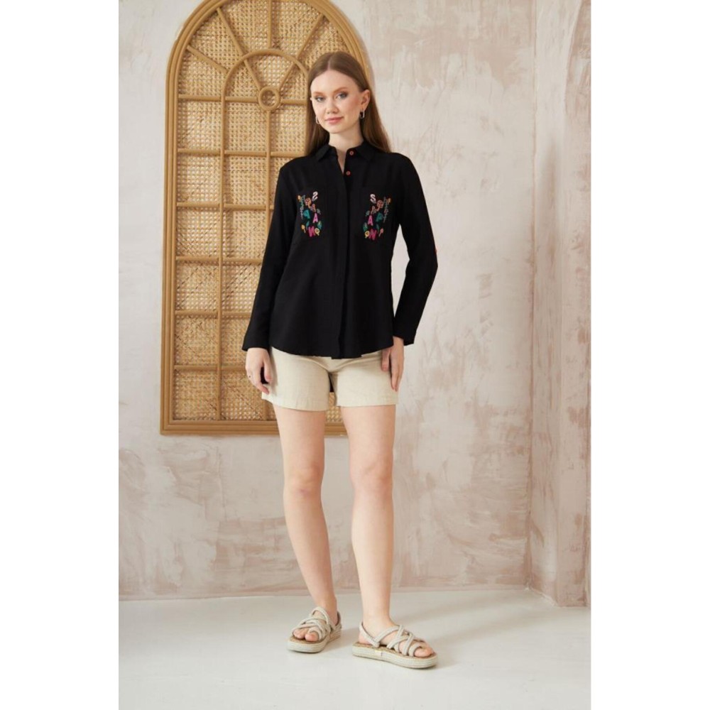 Pasaklı Giyim Pasaklı Giyim Kadın Premium Keten Harf Nakış Işlemeli Yanları Düğme Arkası Oval Gömlek Siyah - Premium Kadın Giyim