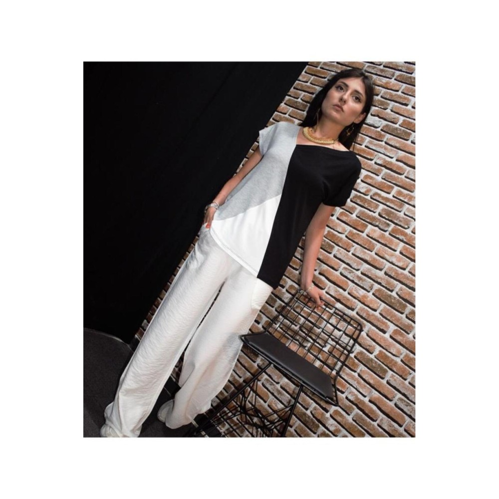 Pasaklı Giyim Pasaklı Giyim Kadın Renk Bloklu Kısa Kollu Salaş Penye T-shirt Siyah Beyaz - Premium Kadın Giyim