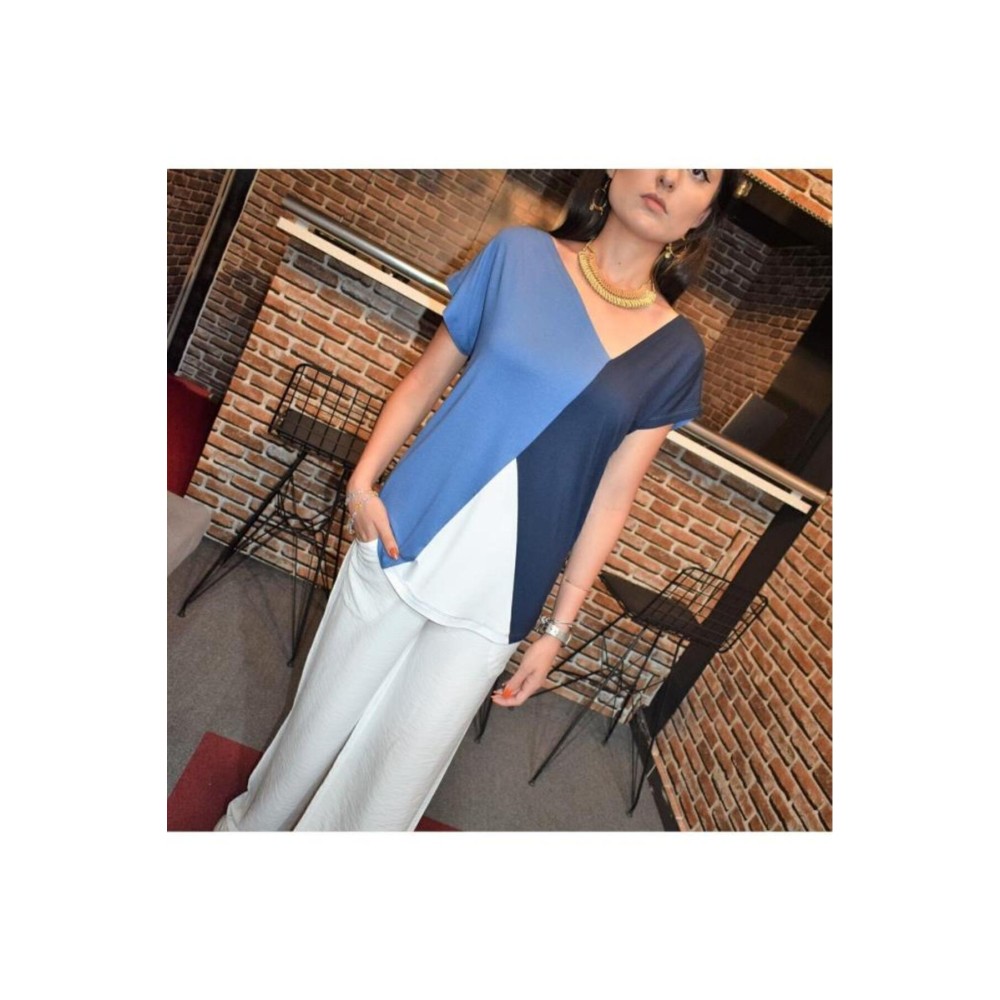 Pasaklı Giyim Pasaklı Giyim Kadın Renk Bloklu Kısa Kollu Salaş Penye T-shirt İndigo Beyaz - Premium Kadın Giyim