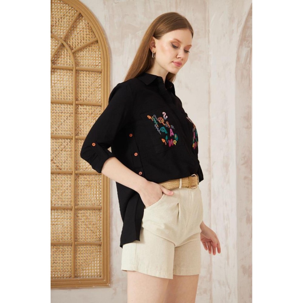 Pasaklı Giyim Pasaklı Giyim Kadın Premium Keten Harf Nakış Işlemeli Yanları Düğme Arkası Oval Gömlek Siyah - Premium Kadın Giyim