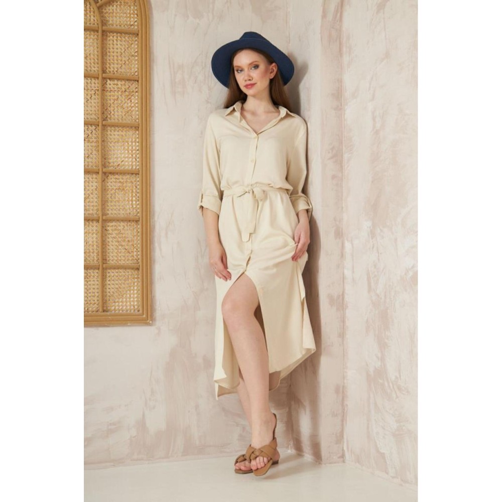 Pasaklı Giyim Pasaklı Giyim Kadın %100 Viskon Tam Boy Gömlek Elbise -1490363 Taş - Premium Kadın Giyim