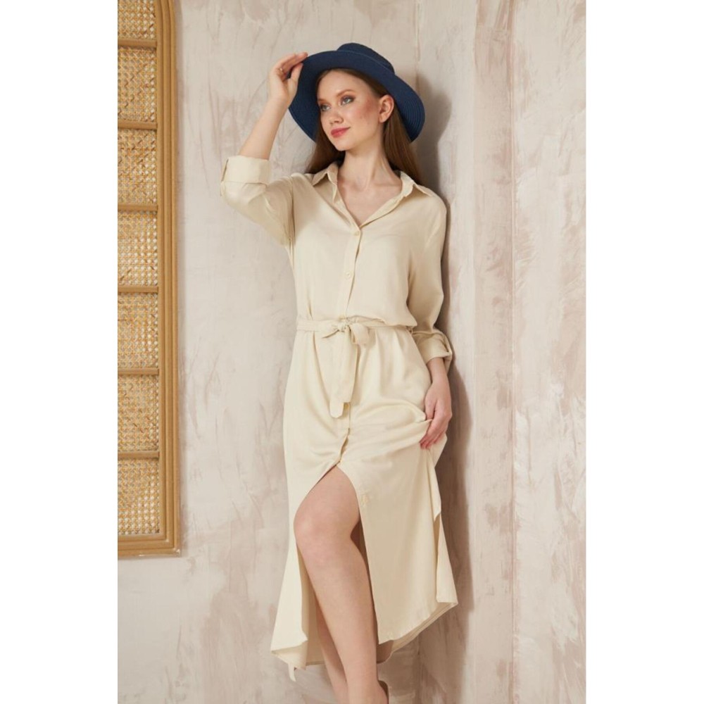 Pasaklı Giyim Pasaklı Giyim Kadın %100 Viskon Tam Boy Gömlek Elbise -1490363 Taş - Premium Kadın Giyim