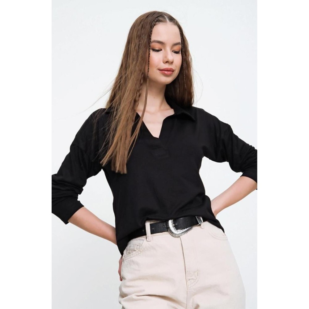 Pasaklı Giyim Pasaklı Giyim Kadın Polo Yaka Keten Bluz Siyah - Premium Kadın Giyim