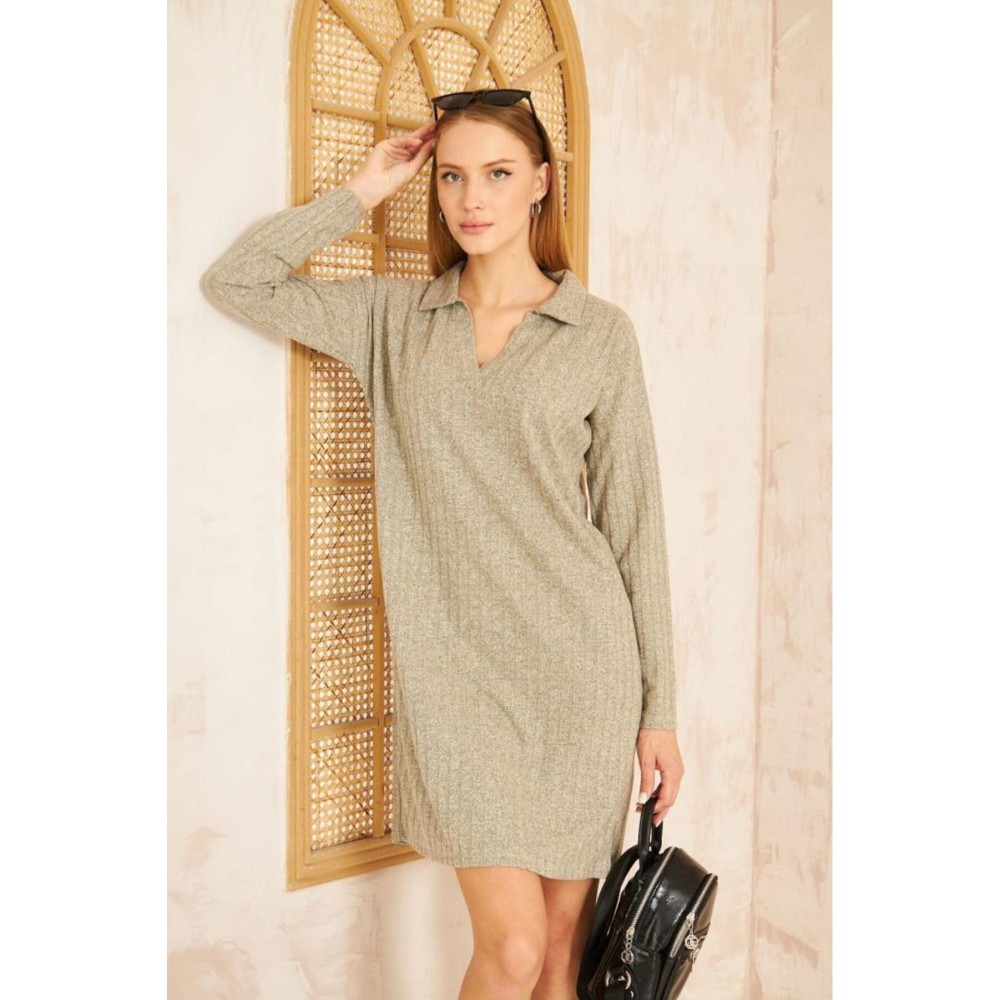 Pasaklı Giyim Pasaklı Giyim Polo Yaka Triko Elbise Bej - Premium Kadın Giyim