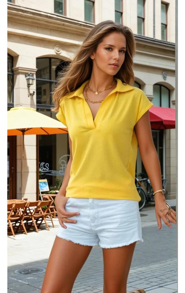 Pasaklı Giyim Kadın Kaşkorse Viskon Polo Yaka T-shirt 2879242 Sarı