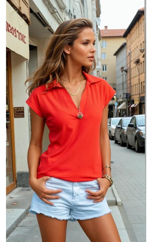 Pasaklı Giyim Kadın Kaşkorse Viskon Polo Yaka T-shirt 2879242 Kırmızı