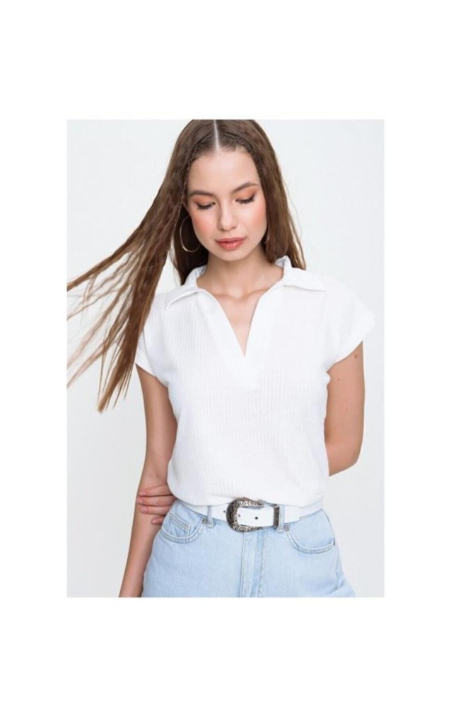 Pasaklı Giyim Kadın Kaşkorse Viskon Polo Yaka T-shirt 2879242 Beyaz