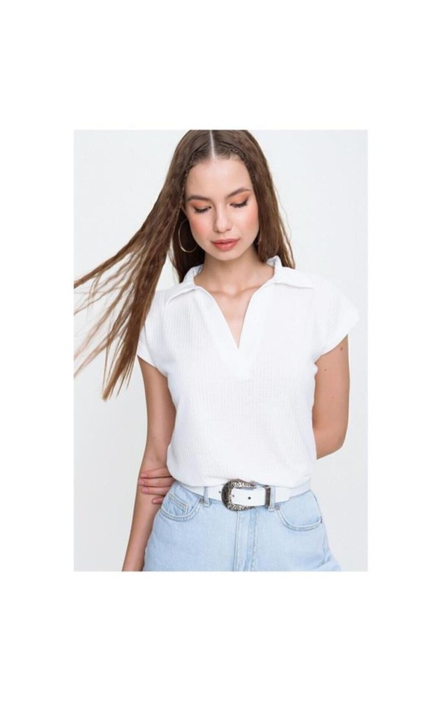 Pasaklı Giyim Kadın Kaşkorse Viskon Polo Yaka T-shirt 2879242 Beyaz