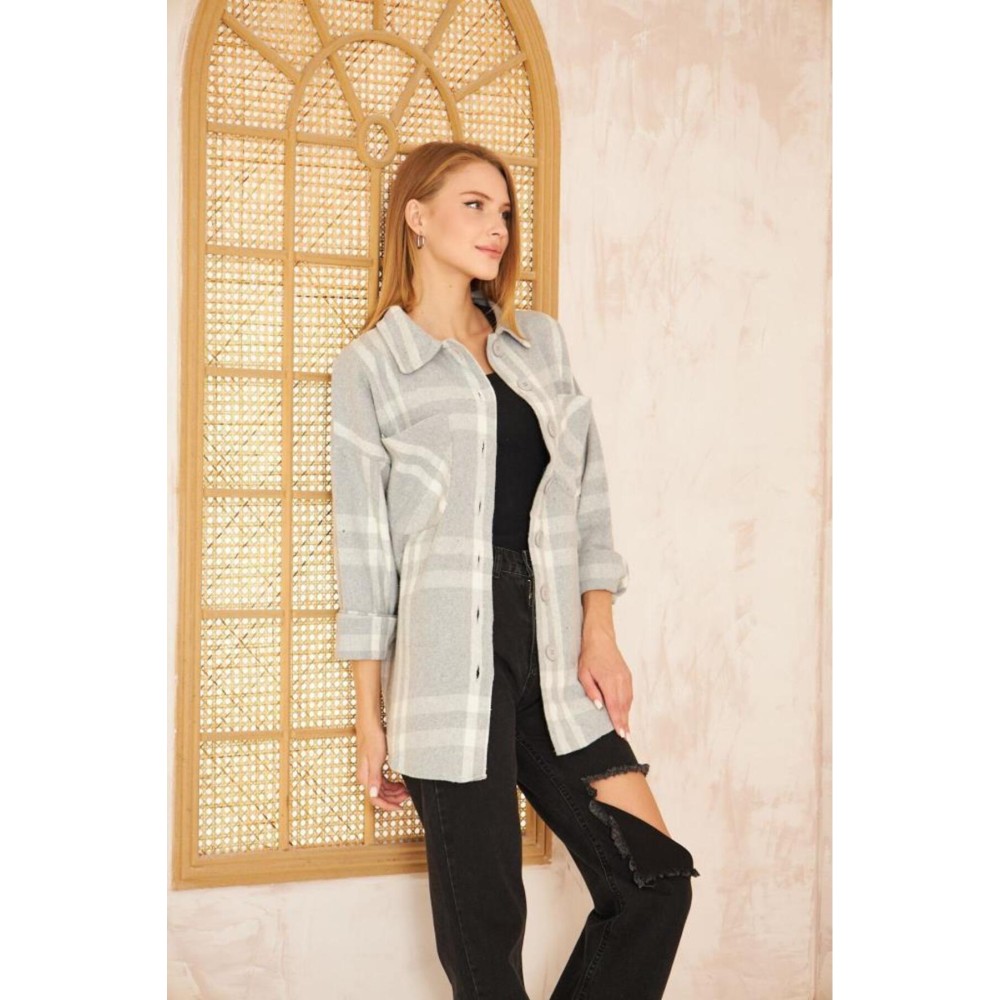 Pasaklı Giyim Pasaklı Giyim Kadın Kaşe Ekose Oduncu Gömlek Açık Gri - Premium Kadın Giyim