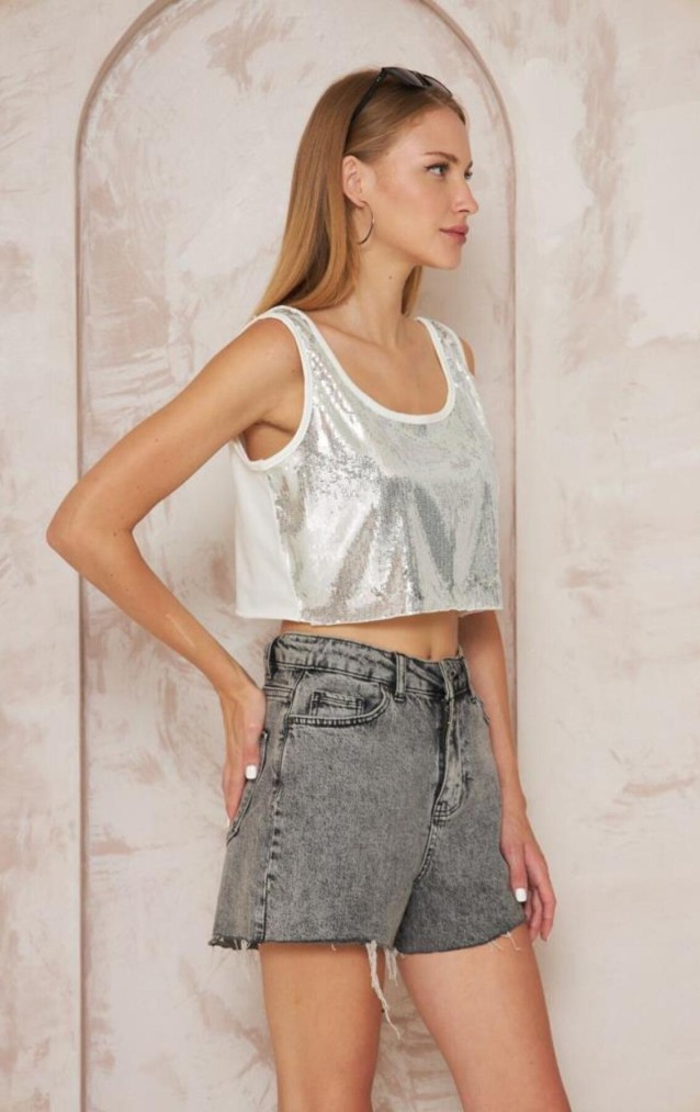 Pasaklı Giyim Kadın Pullu Payet Crop Bluz 3643150 Ekru