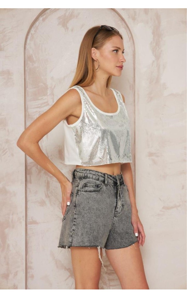 Pasaklı Giyim Kadın Pullu Payet Crop Bluz 3643150 Ekru