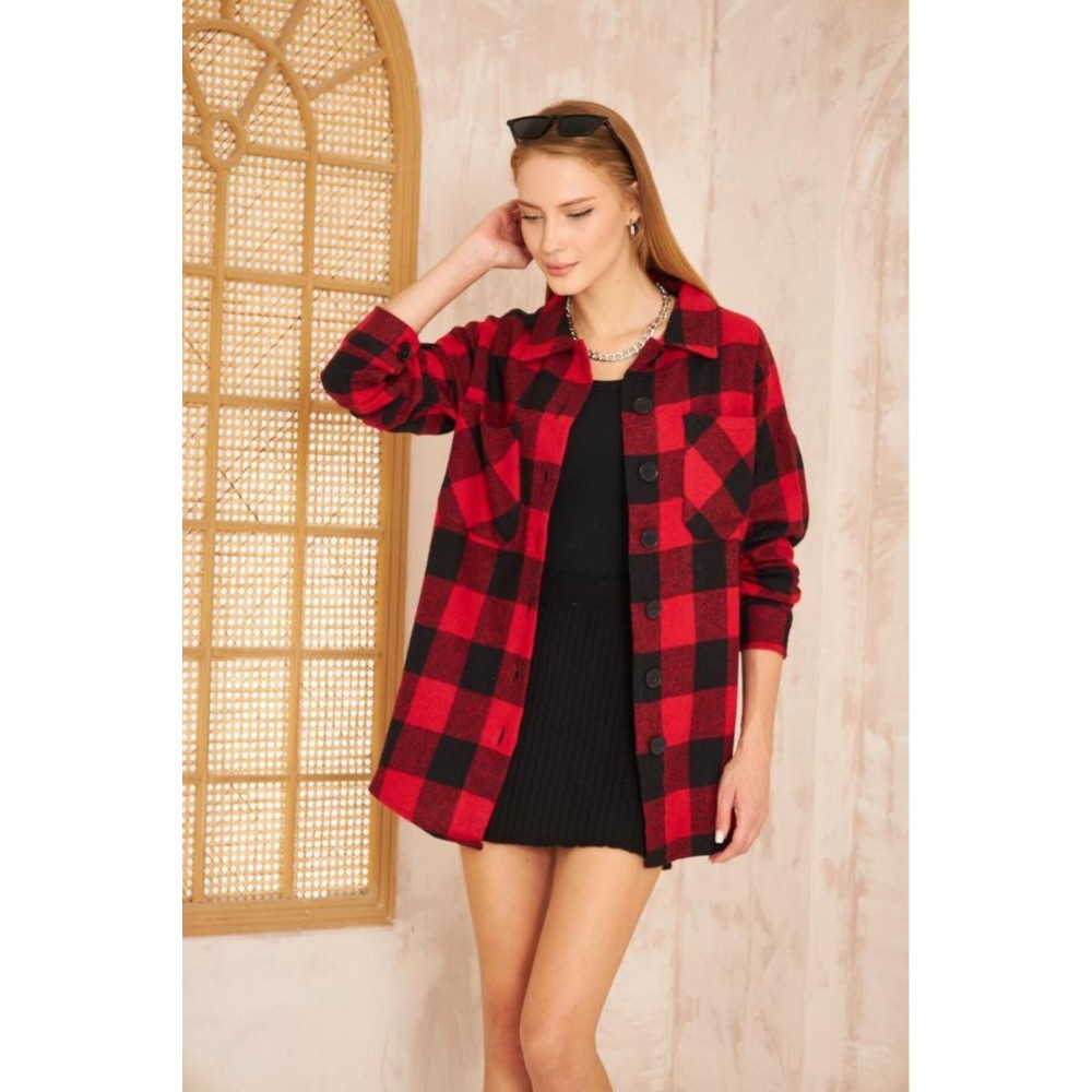 Pasaklı Giyim Pasaklı Giyim Kadın Kaşe Ekose Oduncu Gömlek Kırmızı - Premium Kadın Giyim