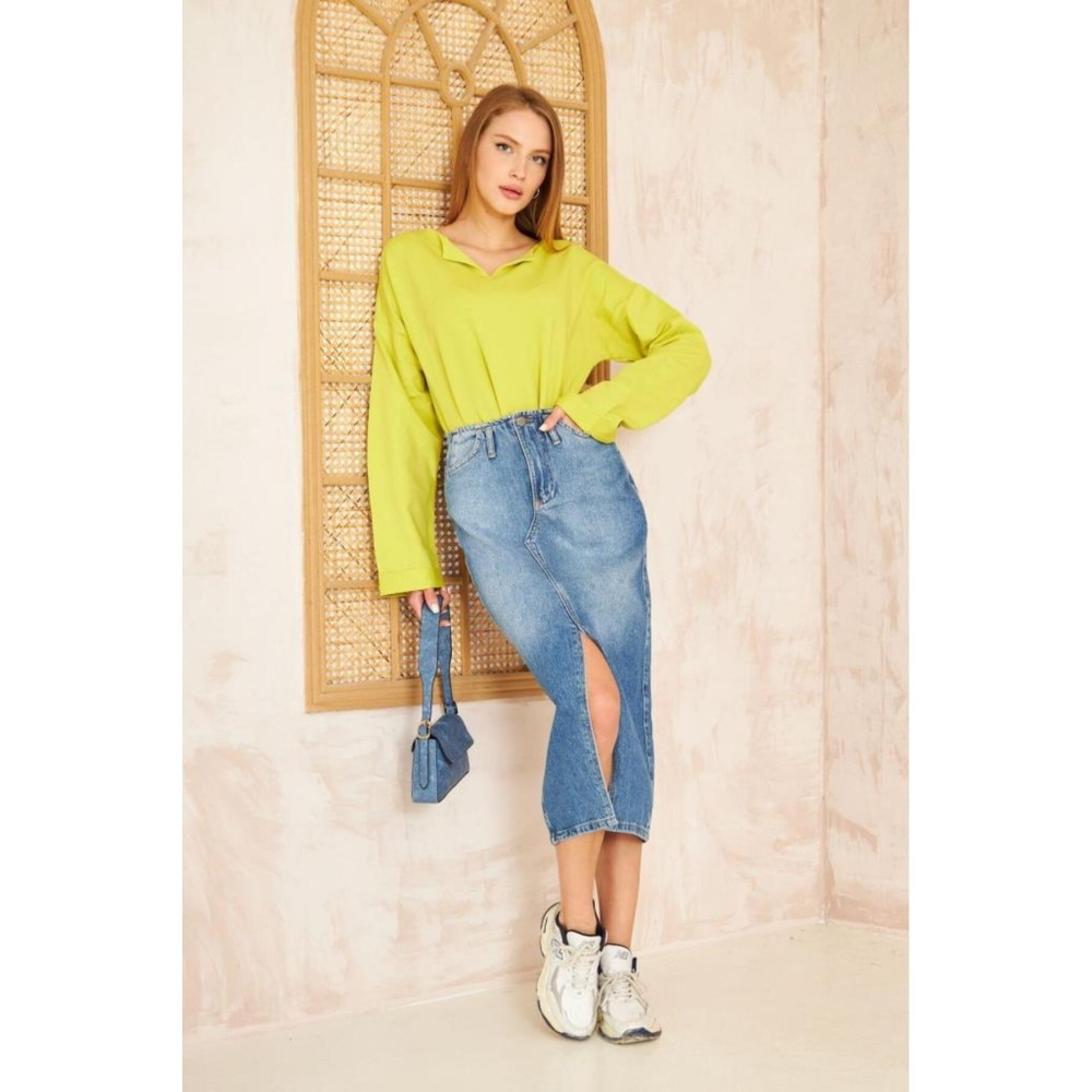 Pasaklı Giyim Pasaklı Giyim Kadın Duble Kol / Yakası Yırtmaçlı Salaş Sweatshirt Yağ Yeşili - Premium Kadın Giyim