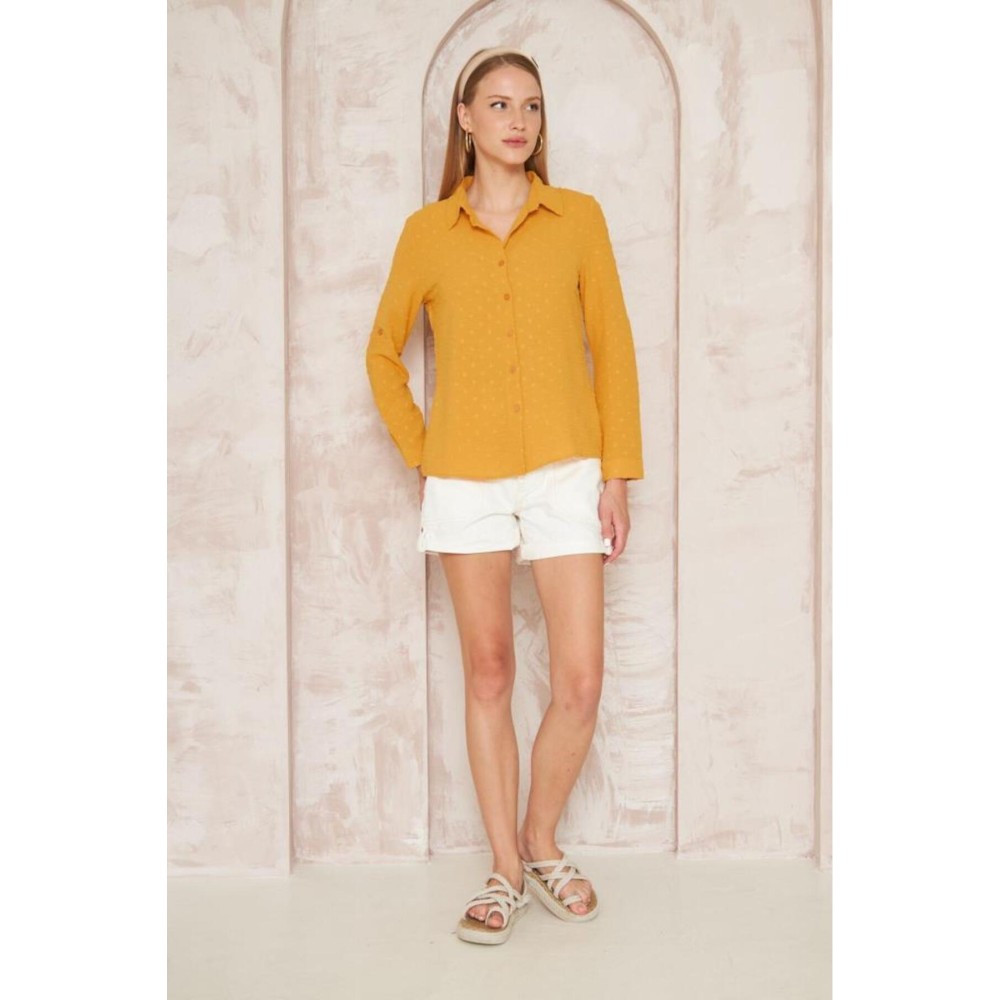Pasaklı Giyim Pasaklı Giyim Ponponlu Slim Fit Uzun Kollu Gömlek Hardal - Premium Kadın Giyim