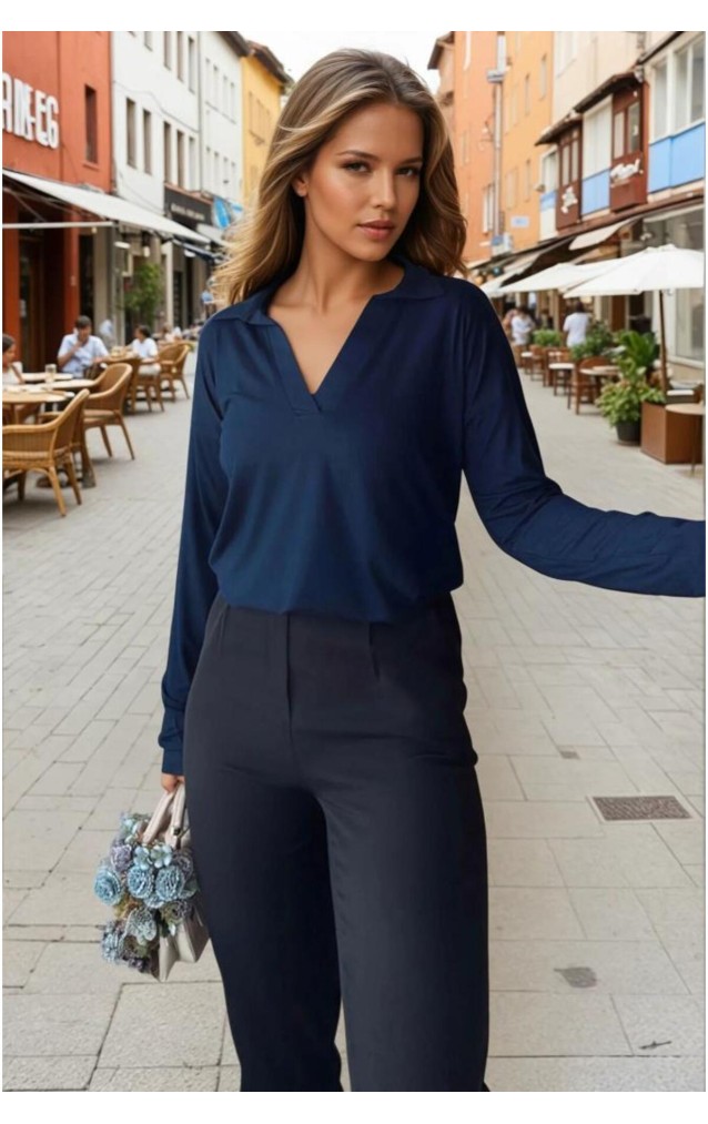 Pasaklı Giyim Kadın Polo Yaka Keten Bluz 2749 Lacivert