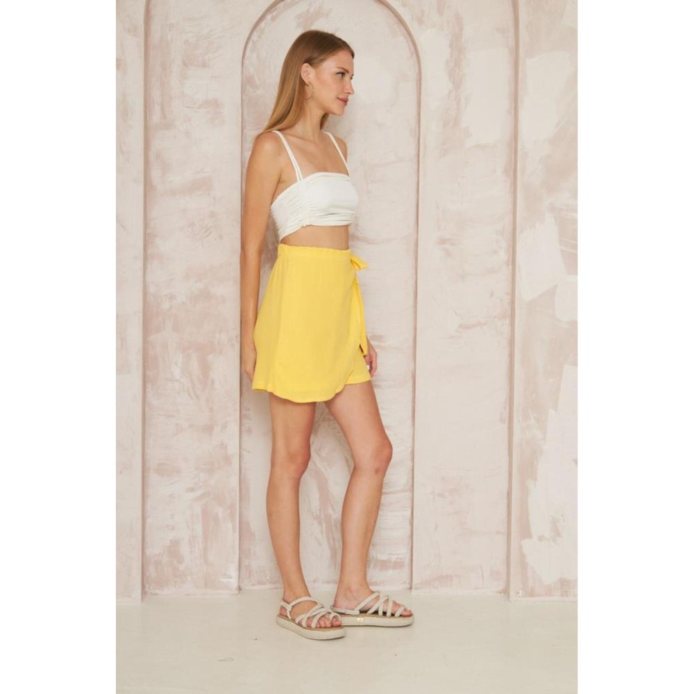Pasaklı Giyim Pasaklı Giyim Kadın Müslin Pamuk Yandan Bağlamalı Şort Etek Sarı - Premium Kadın Giyim