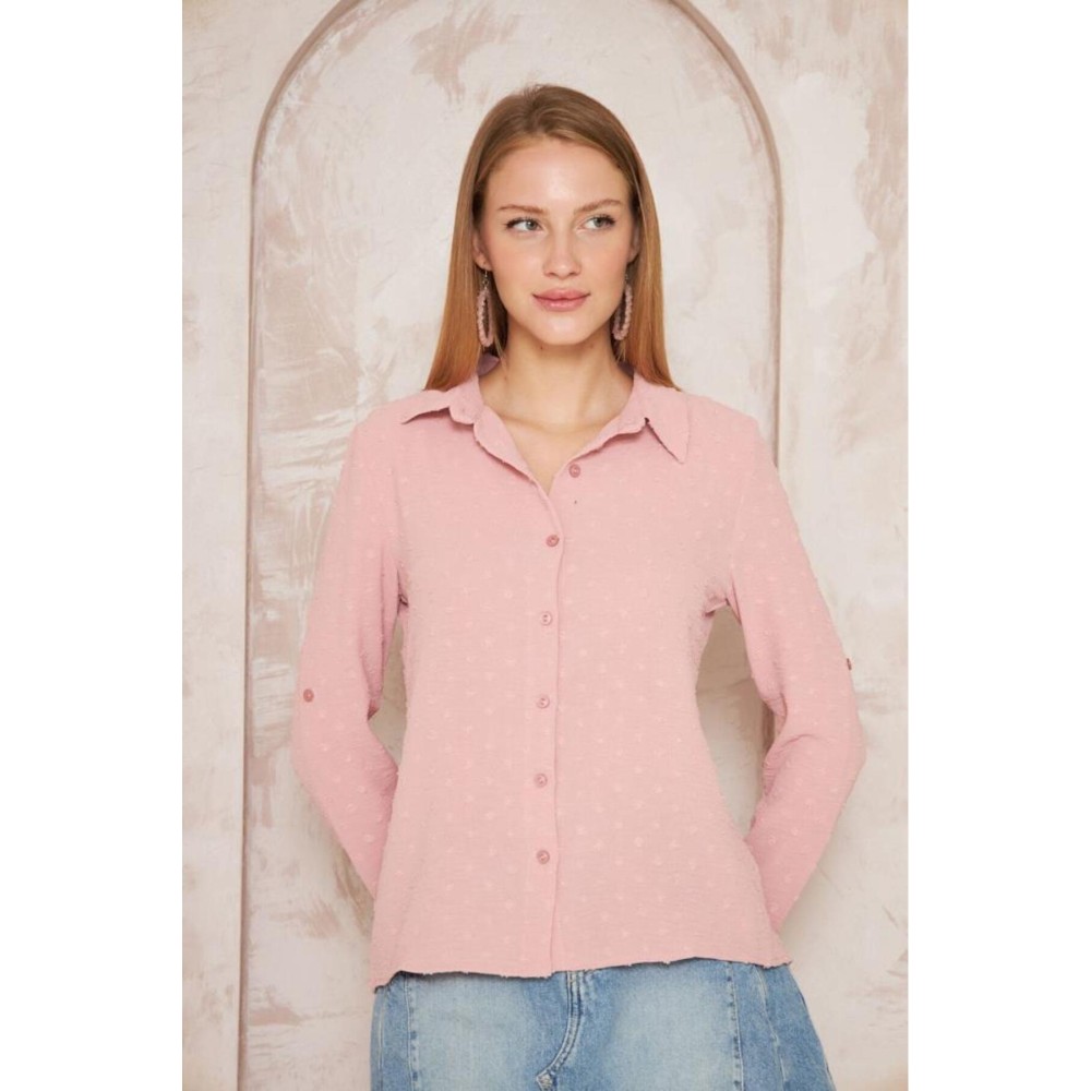 Pasaklı Giyim Pasaklı Giyim Ponponlu Slim Fit Uzun Kollu Gömlek Pudra - Premium Kadın Giyim