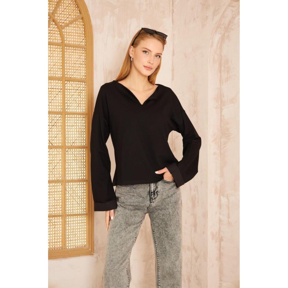 Pasaklı Giyim Pasaklı Giyim Kadın Duble Kol / Yakası Yırtmaçlı Salaş Sweatshirt Siyah - Premium Kadın Giyim