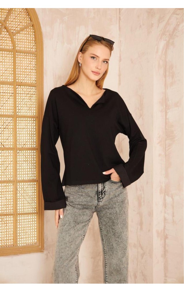 Pasaklı Giyim Kadın Duble Kol / Yakası Yırtmaçlı Salaş Sweatshirt 3470190 Siyah