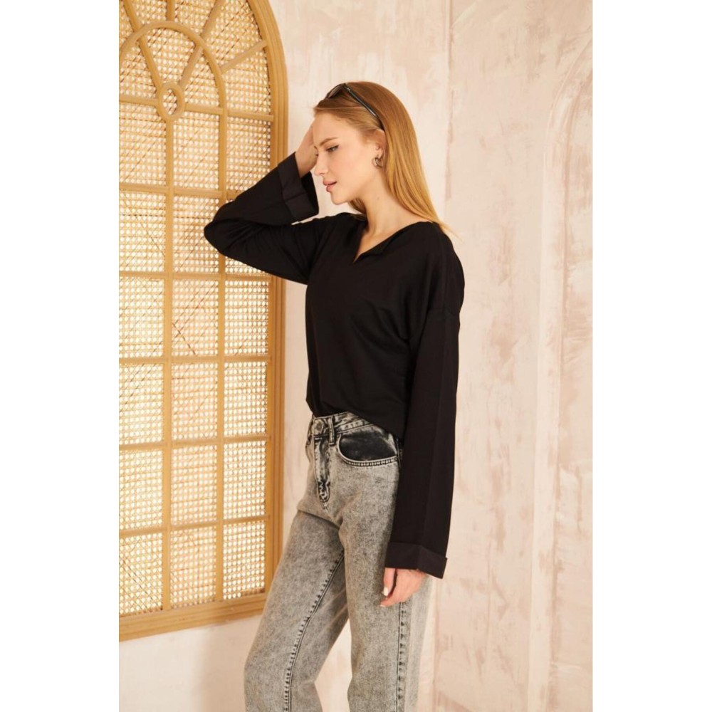 Pasaklı Giyim Pasaklı Giyim Kadın Duble Kol / Yakası Yırtmaçlı Salaş Sweatshirt Siyah - Premium Kadın Giyim